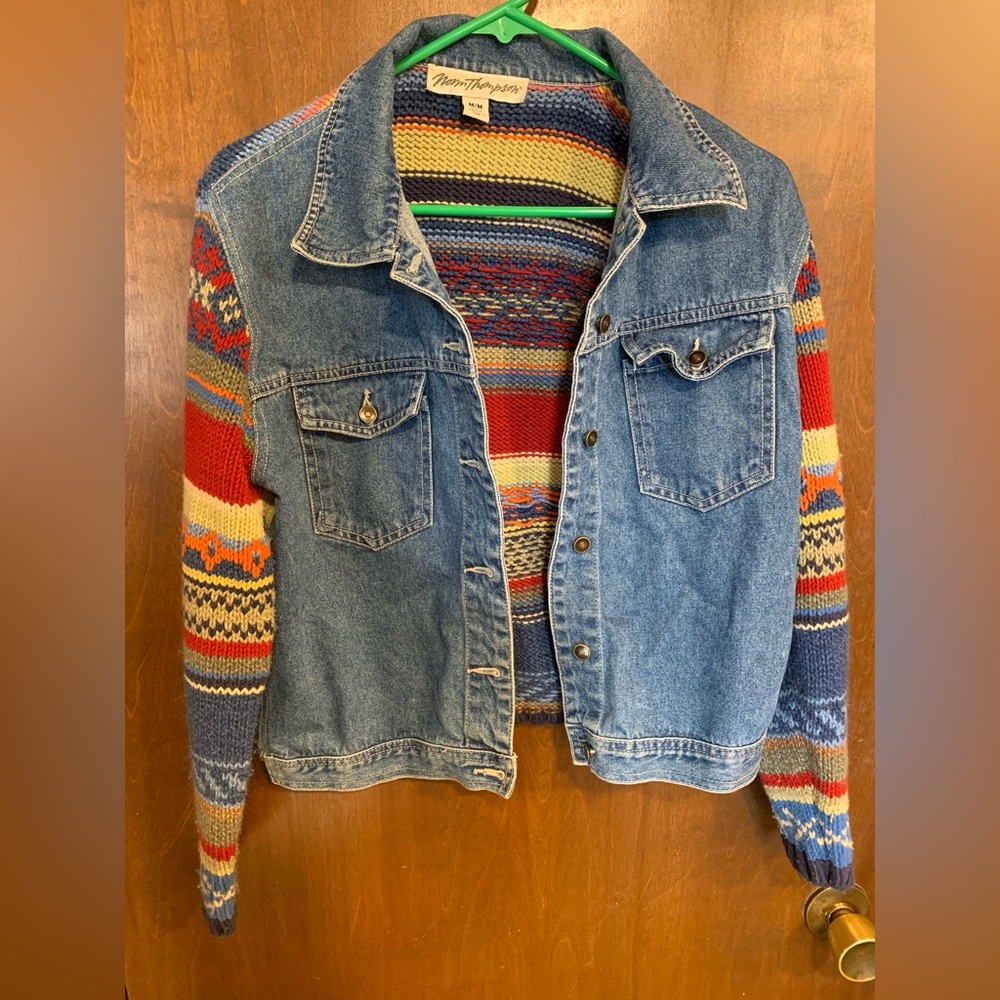 Norm Thompson Denim Jacket with Colorful Knit Sleeves